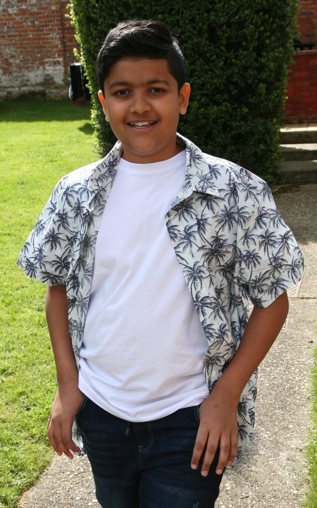 Shop Navy Blue Mix Boys Plus Size Sturdy Fit Palm Print Short Sleeve Shirt